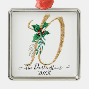 Family Holly Christmas Gold Glitter Monogram D Metal Ornament