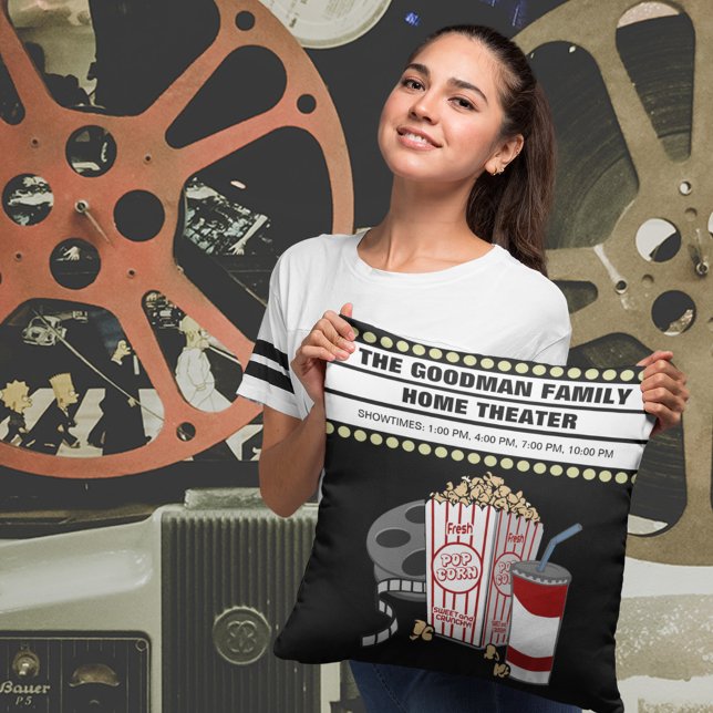 Family Home Movie Theater Personalized Custom Throw Pillow (Click "Personalize this Template" to easily create your own custom home movie theater pillow.)