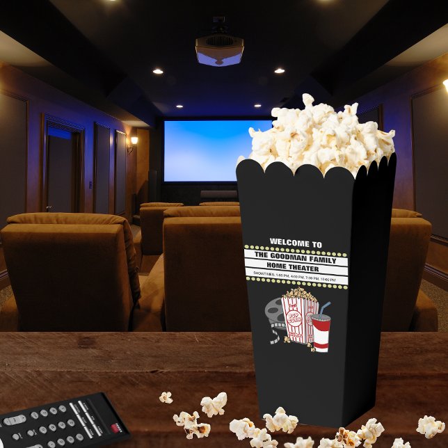 Family Home Theater Custom Name Popcorn Favor Box (Cute custom name popcorn boxes for home theaters!)