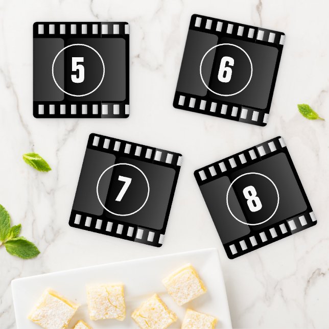 Family Home Theater Movie Film Reel Countdown 5-8 Coaster Set (In Situ)