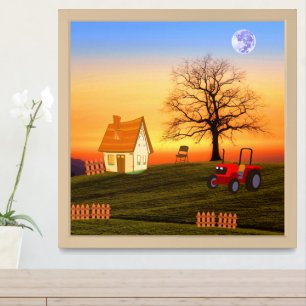 Family House in the Middle of a Farm - Sunset Tree Framed Art