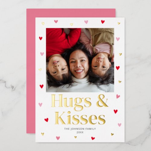 Family Hugs  Kisses Love Valentine Pink Gold Foil Holiday Card
