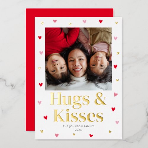 Family Hugs  Kisses Love Valentine Red Gold Foil Holiday Card
