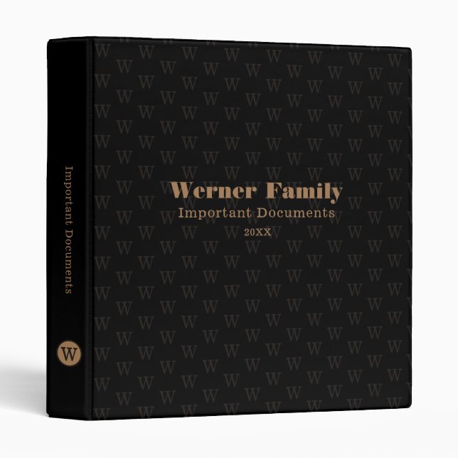 Family Important Docs Organizer Monogram Black 3 Ring Binder (Front/Spine)