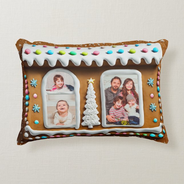 Family in Gingerbread House Christmas Photo Accent Pillow (Front)