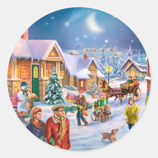 Family in snowy christmas village classic round sticker (Front)
