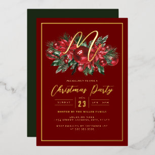 Family Initial Gold Red Foliage Christmas Party Foil Invitation
