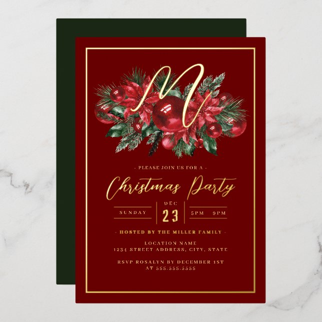 Family Initial Gold Red Foliage Christmas Party Foil Invitation (Front/Back)