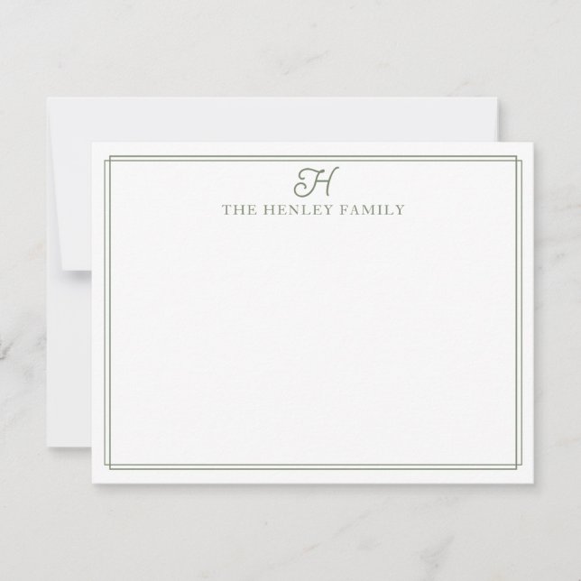 Family Initial Green Border Monogram Stationery Note Card (Front)