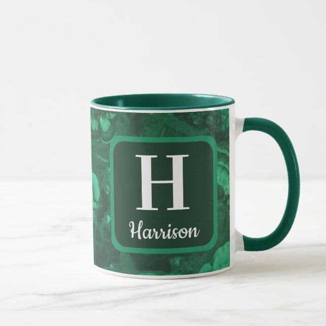 Family Initial Monogram Green Marbled Gemstone Mug (Right)