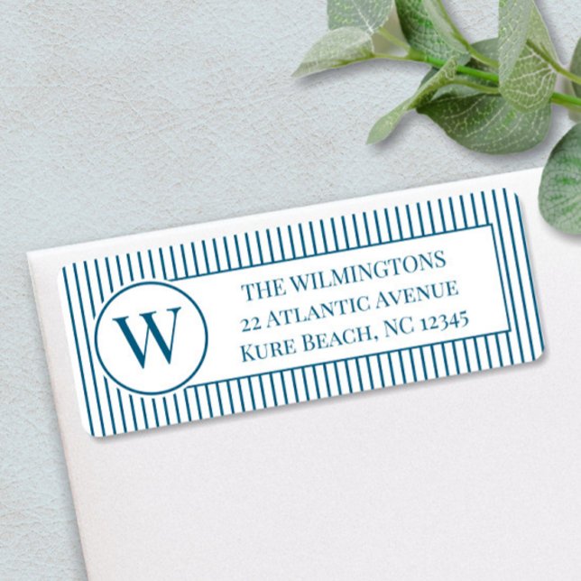 Family Initial Navy Blue Pinstripes Return Address Label (Creator Uploaded)