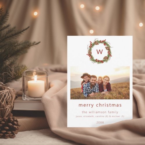 Family Initial Photo Christmas Wreath Holiday Card