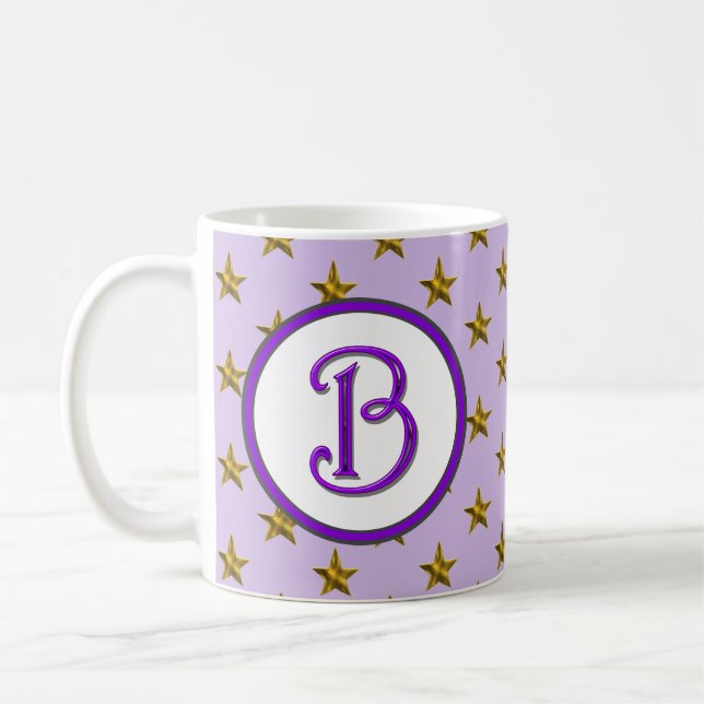 Family Initial Purple Celestial Star Monogram Coffee Mug (Left)