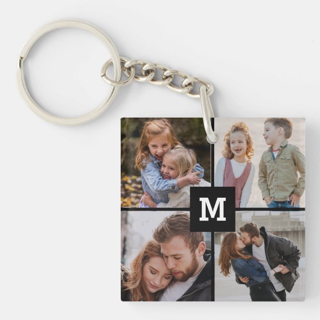 Family Instagram Photo collage 4 photos  MONOGRAM Keychain (Front)