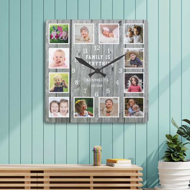 Family Is Everything 12 Photo Collage Gray Wood   Square Wall Clock (Creator Uploaded)