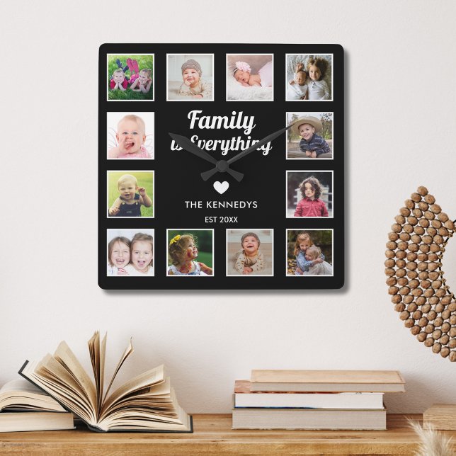 Family Is Everything 12 photo Collage Modern Black Square Wall Clock (Creator Uploaded)