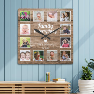Family Is Everything 12 photo Collage Rustic Wood Square Wall Clock