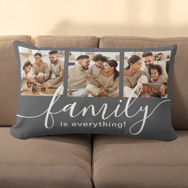 Family is Everything 3 Photo Collage Gray Lumbar Pillow (Personalize with 3 favorite family photos.)