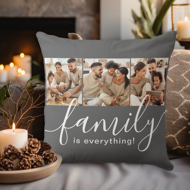 Family is Everything 3 Photo Collage Gray Throw Pillow (Personalize with 3 of your favorite family photos!)