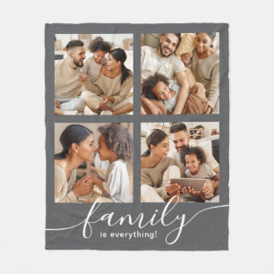 Family is Everything 4 Photo Collage Gray Fleece Blanket