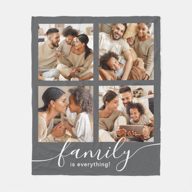 Family is Everything 4 Photo Collage Gray Fleece Blanket (Front)