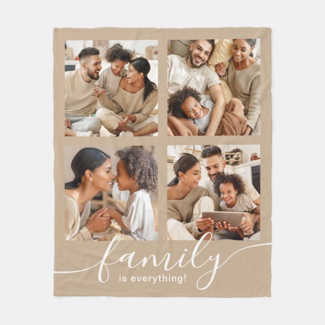 Family is Everything 4 Photo Collage in Tan Fleece Blanket (Front)