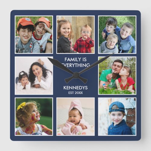 Family Is Everything 8 Photo Collage Name Blue Square Wall Clock