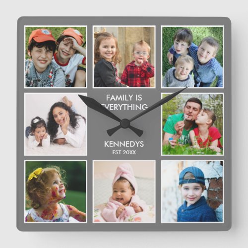 Family Is Everything 8 Photo Collage Name  Gray Square Wall Clock