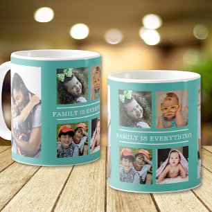 Family Is Everything Quote 6 Photo Collage Teal Coffee Mug