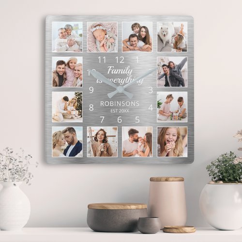 Family Is Everything Quote Family Photo Silver Square Wall Clock