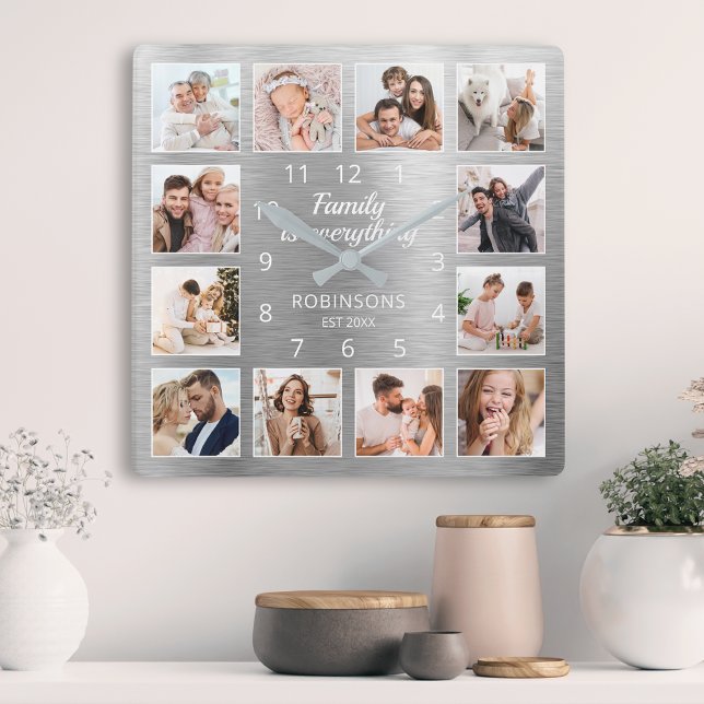 Family Is Everything Quote Family Photo Silver Square Wall Clock (Creator Uploaded)