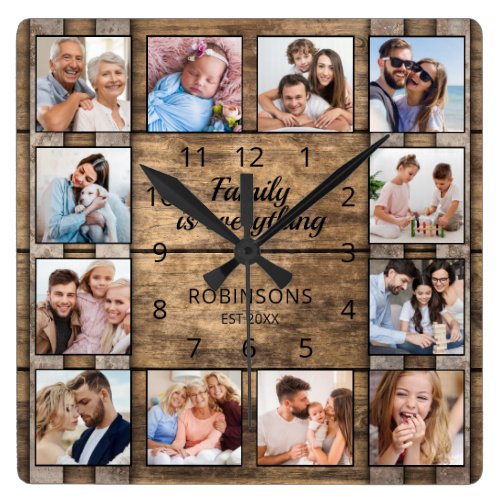 Family Is Everything Quote Photo Collage Barrel Square Wall Clock