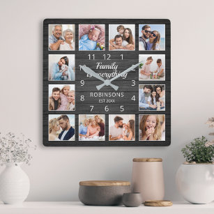 Family Is Everything Quote Photo Collage Black Square Wall Clock