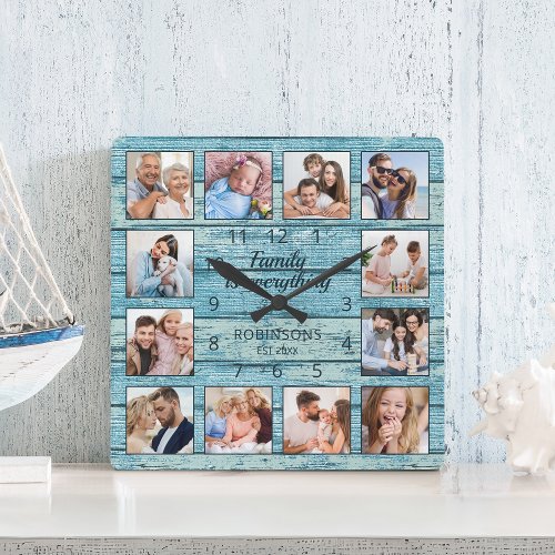 Family Is Everything Quote Photo Collage Blue Square Wall Clock