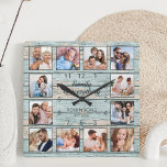 Family Is Everything Quote Photo Collage Blue Square Wall Clock<br><div class="desc">Easily create your own personalized blue rustic driftwood planks lake house style wall clock with your custom photos. The design also features a beautiful handwritten script quote: "Family is everything". For best results,  crop the images to square - with the focus point in the center - before uploading.</div>