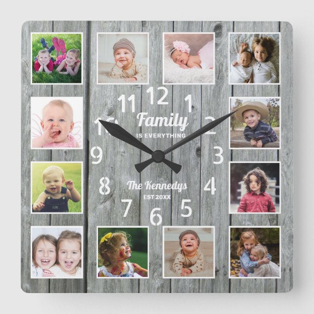 Family Is Everything Quote Photo Collage Gray Wood Square Wall Clock (Front)