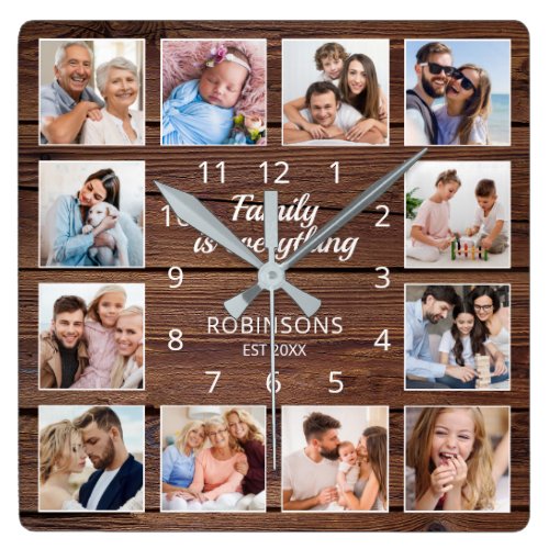 Family Is Everything Quote Photo Collage Rustic Square Wall Clock