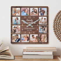 Family Is Everything Quote Photo Collage Rustic Square Wall Clock