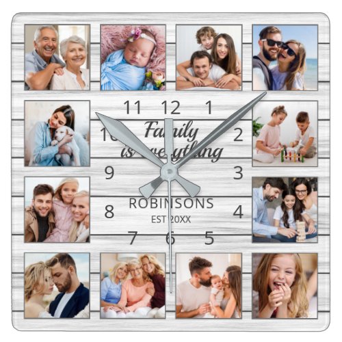 Family Is Everything Quote Photo Collage White Square Wall Clock