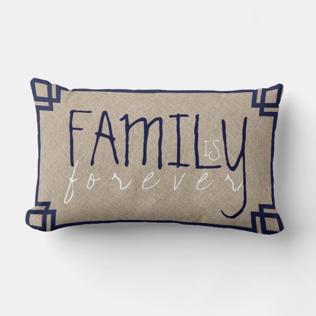 Family Is Forever Beige Linen & Blue Frame Lumbar Pillow (Front)