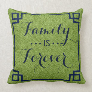 Family Is Forever green Linen Blue Frame Throw Pillow