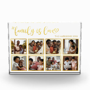 Family is Love Gold Heart Script Photo Collage  Block