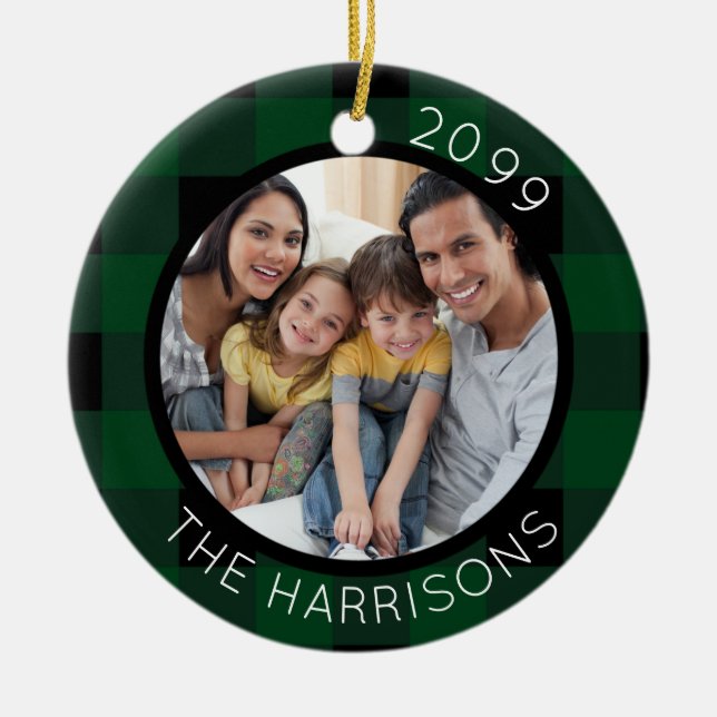 FAMILY IS LOVE (on back) 2-Photo Green/Black Plaid Ceramic Ornament (Front)