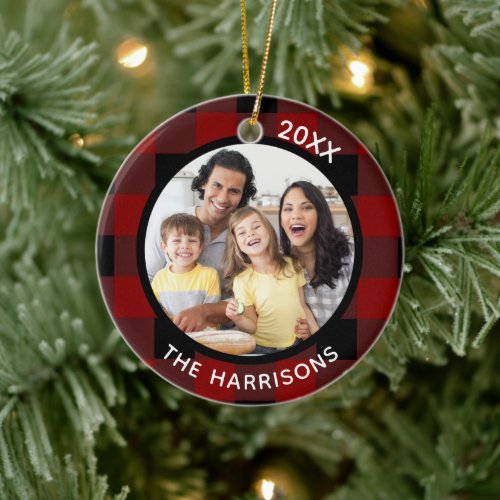 FAMILY IS LOVE on back Red  Black Plaid 2_Photo Ceramic Ornament