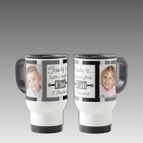 Family is love striped photos black grey travel mug