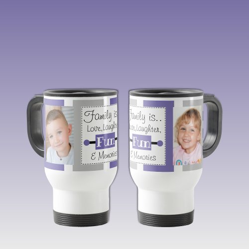 Family is love striped photos purple grey travel mug