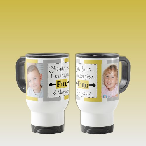 Family is love striped photos yellow grey travel mug