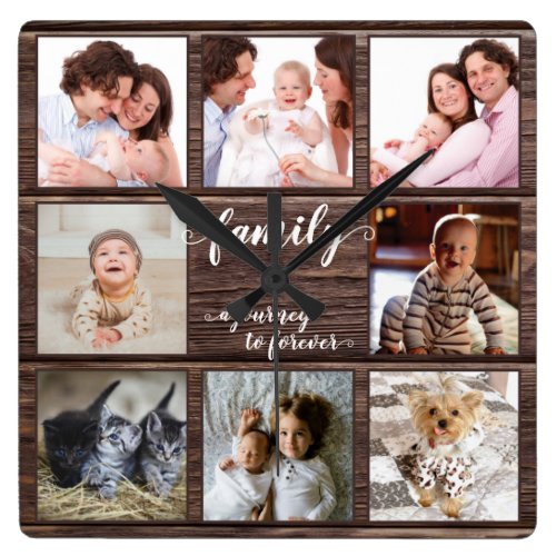 Family Journey to Forever Photo Collage Rustic Squ Square Wall Clock