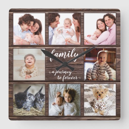 Family Journey to Forever Photo Collage Rustic Square Wall Clock