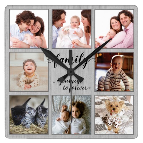 Family Journey to Forever Rustic Photo Collage Square Wall Clock